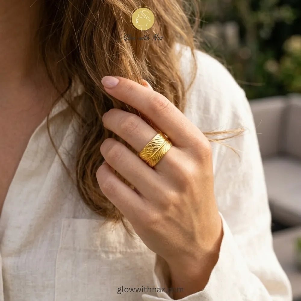 Adjustable Gold-Plated Stainless Steel Feather Wrap Wide Cuff Ring for Girls - Adjustable Gold-Plated Stainless Steel Feather Wrap Wide Cuff Ring for GirlsJewelryGlow With NazGlow With NazR0013R0013Durable, tarnish-resistant gold stainless steel ring featuring a delicate and artistic feather wrap design. ring, girls rings, rings for girls, rings simple, simple rings, stainless steel jewelry, jewellery set, aesthetic jewelry, simple jewellery, chain, jewelry, artificial jewellery, green jewellery