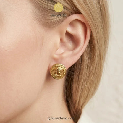 Anti Tarnish Gold Stud Versace Medusa Earring Studs - Anti Tarnish Gold Stud Versace Medusa Earring StudsJewelryGlow With NazGlow With NazE020E020Front view of bold gold portrait stud earrings for formal or high-fashion looks