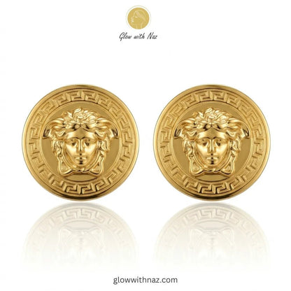 Anti Tarnish Gold Stud Versace Medusa Earring Studs - Anti Tarnish Gold Stud Versace Medusa Earring StudsJewelryGlow With NazGlow With NazE020E020Pair of iconic medusa-inspired gold stud earrings with greek key border against white background