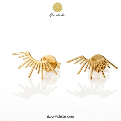 Anti-Tarnish Radiant Sunburst Small Stud Earrings for Girls - Anti-Tarnish Radiant Sunburst Small Stud Earrings for GirlsJewelryGlow With NazGlow With NazE011E011Pair of elegant gold-tone sunburst ray stud earrings on a white background