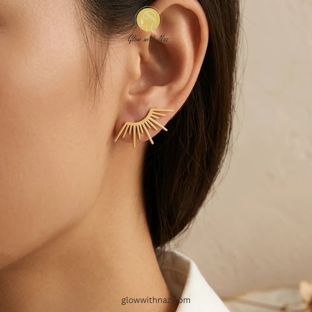 Anti-Tarnish Radiant Sunburst Small Stud Earrings for Girls - Anti-Tarnish Radiant Sunburst Small Stud Earrings for GirlsJewelryGlow With NazGlow With NazE011E011Close-up view of polished gold-tone sunburst ear climbers