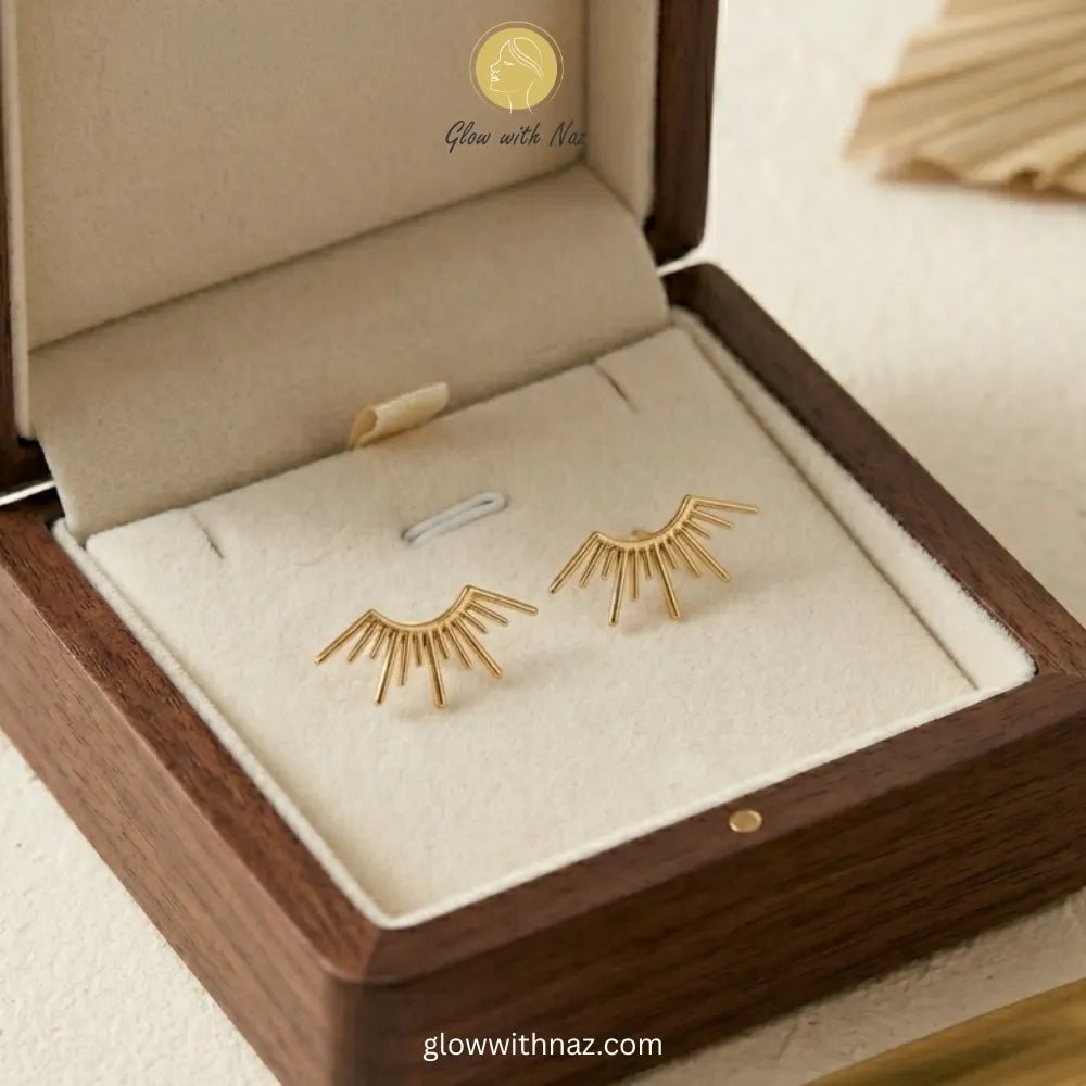 Anti-Tarnish Radiant Sunburst Small Stud Earrings for Girls - Anti-Tarnish Radiant Sunburst Small Stud Earrings for GirlsJewelryGlow With NazGlow With NazE011E011Lifestyle shot of modern ray-inspired stud earrings for everyday style