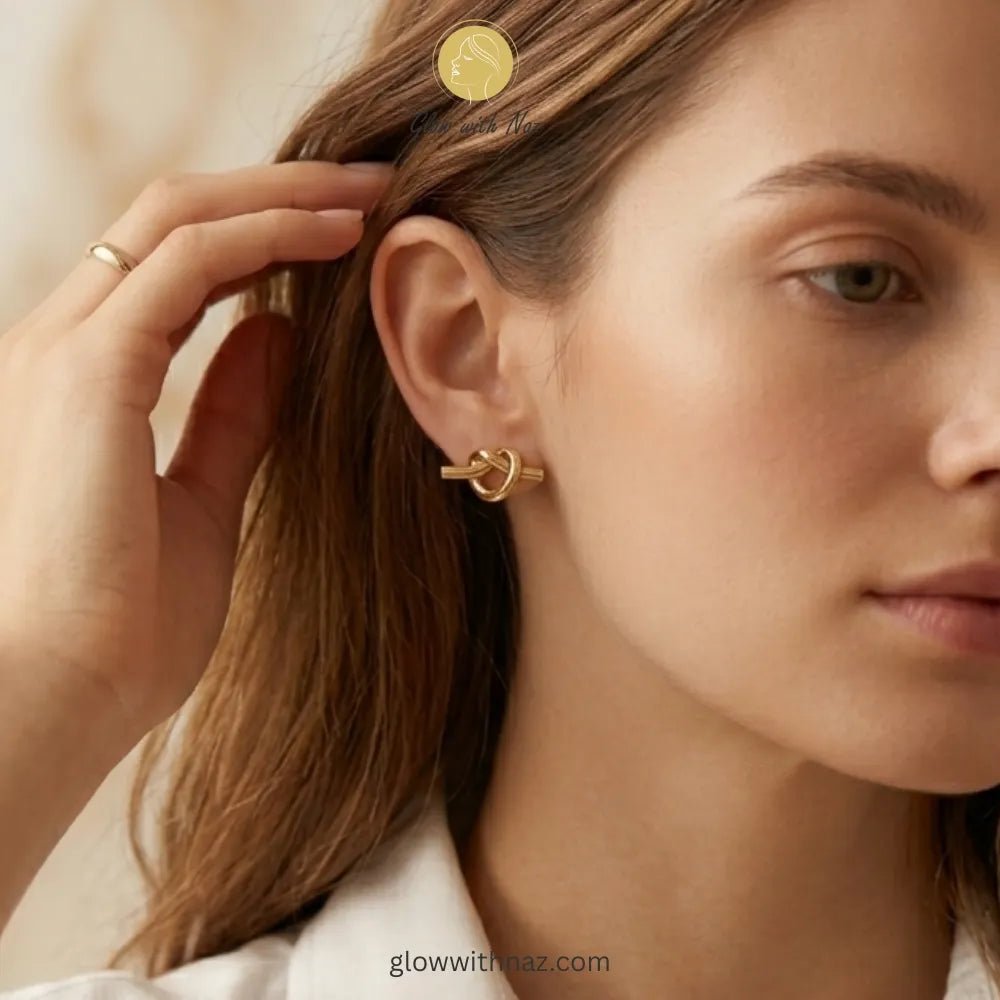 Bundle Offer: Anti-Tarnish Knot Stud Earrings & Knot Hand Cuff Bracelet - Bundle Offer: Anti-Tarnish Knot Stud Earrings & Knot Hand Cuff BraceletJewelryGlow With NazGlow With NazClose-up detail of the intricate knot design on gold stud earrings