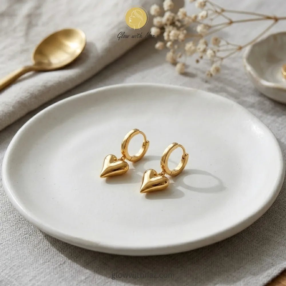 Bundle Offer: Anti-Tarnish Puffy Heart Pendant Necklace & Puffy Heart Hoop Earrings - Bundle Offer: Anti-Tarnish Puffy Heart Pendant Necklace & Puffy Heart Hoop EarringsJewelryGlow With NazGlow With NazDetailed front view of high-shine gold heart drop earrings