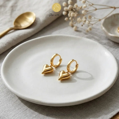 Bundle Offer: Anti-Tarnish Puffy Heart Pendant Necklace & Puffy Heart Hoop Earrings - Bundle Offer: Anti-Tarnish Puffy Heart Pendant Necklace & Puffy Heart Hoop EarringsJewelryGlow With NazGlow With NazDetailed front view of high-shine gold heart drop earrings