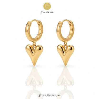 Bundle Offer: Anti-Tarnish Puffy Heart Pendant Necklace & Puffy Heart Hoop Earrings - Bundle Offer: Anti-Tarnish Puffy Heart Pendant Necklace & Puffy Heart Hoop EarringsJewelryGlow With NazGlow With NazClose-up view of polished gold-tone heart drop earrings on a white background