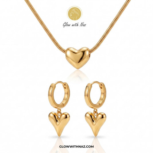 Bundle Offer: Anti-Tarnish Puffy Heart Pendant Necklace & Puffy Heart Hoop Earrings - Bundle Offer: Anti-Tarnish Puffy Heart Pendant Necklace & Puffy Heart Hoop EarringsJewelryGlow With NazGlow With NazGold heart-shaped necklace and earrings on a white background with 'Glow with Naz' branding. Puffy Heart Gold Pendant Necklace stainless steel necklace, pendant necklace, necklace set, locket set, simple necklace, pendant set, pendant, chain necklace, diamond pendant, diamond necklace, locket neck