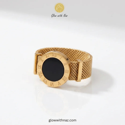Bundle Offer: Black Dot Gold Roman Numeral Mesh Ring, Hoop Earring & Hand Cuff Bracelet - Bundle Offer: Black Dot Gold Roman Numeral Mesh Ring, Hoop Earring & Hand Cuff BraceletJewelryGlow With NazGlow With Naz6Elegant gold band ring featuring intricate Roman numerals and a black enamel mesh inlay, ring, girls rings, rings for girls, rings simple, simple rings, stainless steel jewelry, jewellery set, aesthetic jewelry, simple jewellery, chain, jewelry, artificial jewellery, green jewellery, girl