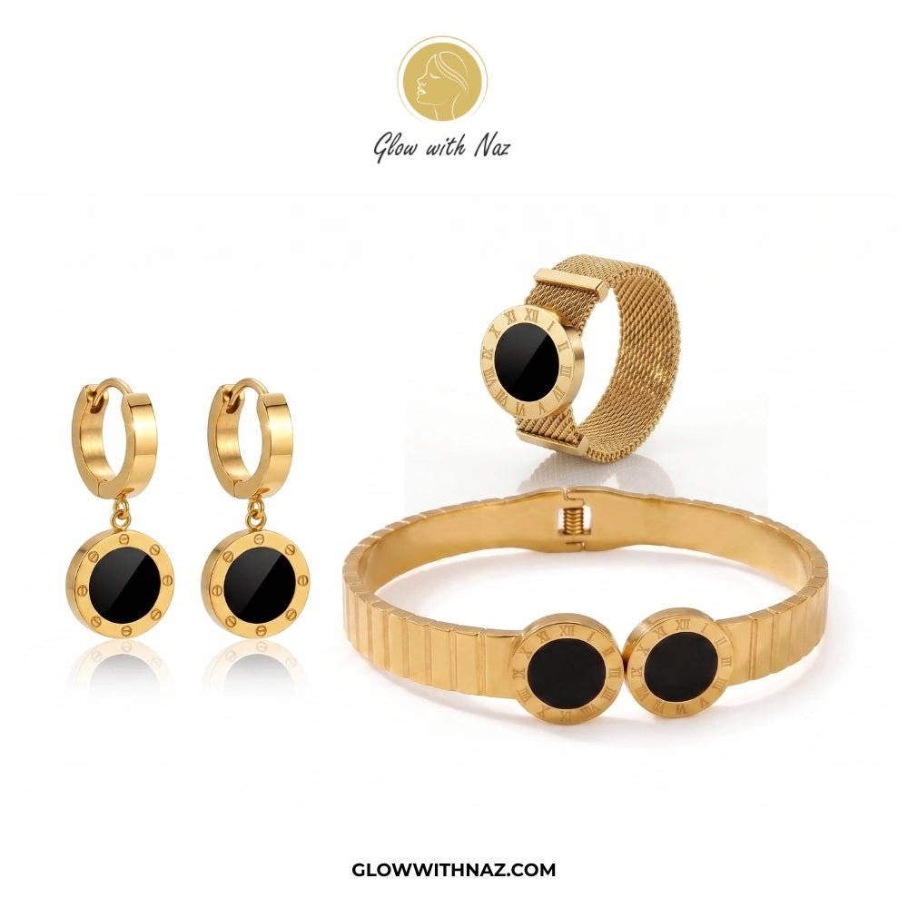 Bundle Offer: Black Dot Gold Roman Numeral Mesh Ring, Hoop Earring & Hand Cuff Bracelet - Bundle Offer: Black Dot Gold Roman Numeral Mesh Ring, Hoop Earring & Hand Cuff BraceletJewelryGlow With NazGlow With Naz6Bundle Offer: Black Dot Gold Roman Numeral Mesh Ring, Hoop Earring & Hand Cuff Bracelet
