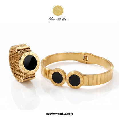 Bundle Offer: Black Dot Gold Roman Numeral Mesh Ring, Hoop Earring & Hand Cuff Bracelet - Bundle Offer: Black Dot Gold Roman Numeral Mesh Ring, Hoop Earring & Hand Cuff BraceletJewelryGlow With NazGlow With Naz6Bundle Offer: Black Dot Gold Roman Numeral Mesh Ring, Hoop Earring & Hand Cuff Bracelet