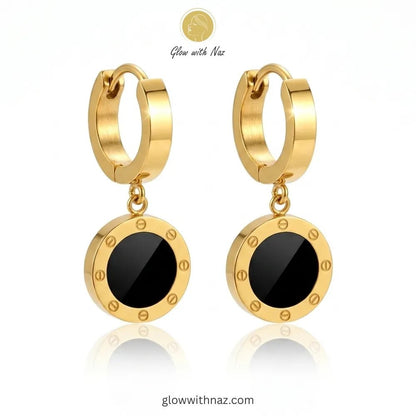 Bundle Offer: Black Dot Gold Roman Numeral Mesh Ring, Hoop Earring & Hand Cuff Bracelet - Bundle Offer: Black Dot Gold Roman Numeral Mesh Ring, Hoop Earring & Hand Cuff BraceletJewelryGlow With NazGlow With Naz6Pair of sophisticated gold-tone hoop earrings with black and gold Roman-inspired drop pendants