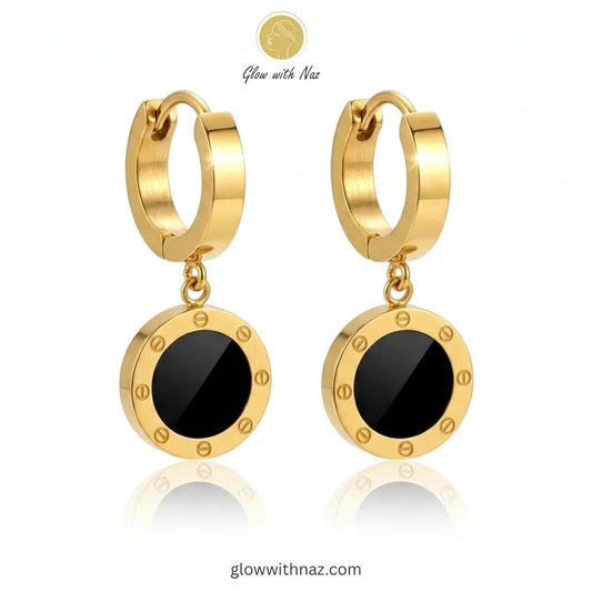 Bundle Offer: Black Dot Gold Roman Numeral Mesh Ring, Hoop Earring & Hand Cuff Bracelet - Bundle Offer: Black Dot Gold Roman Numeral Mesh Ring, Hoop Earring & Hand Cuff BraceletJewelryGlow With NazGlow With Naz6Pair of sophisticated gold-tone hoop earrings with black and gold Roman-inspired drop pendants