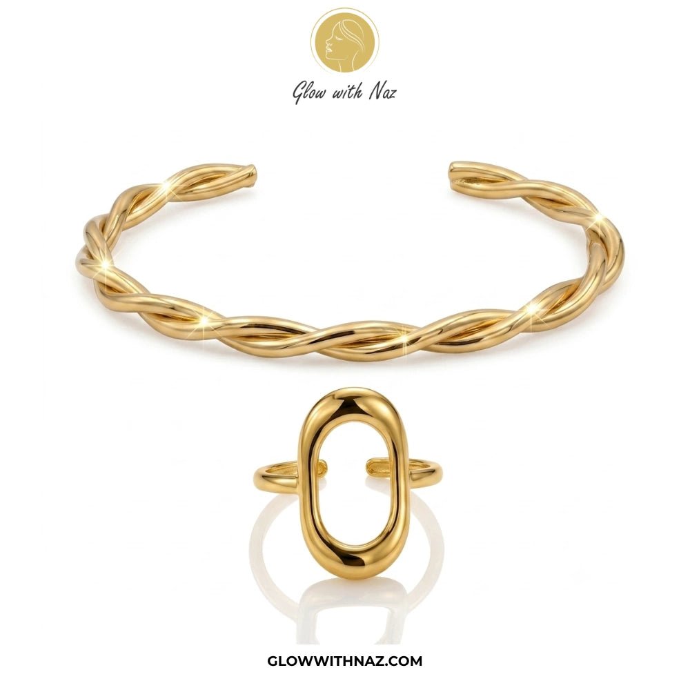 Bundle Offer: Stainless Steel Adjustable Oval Frame Ring & Twisted Gold Cuff Bracelet - Bundle Offer: Stainless Steel Adjustable Oval Frame Ring & Twisted Gold Cuff BraceletJewelryGlow With NazGlow With NazBundle Offer: Stainless Steel Adjustable Oval Frame Ring & Twisted Gold Cuff Bracelet