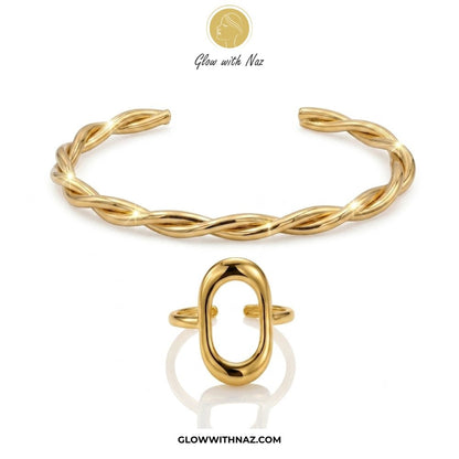 Bundle Offer: Stainless Steel Adjustable Oval Frame Ring & Twisted Gold Cuff Bracelet - Bundle Offer: Stainless Steel Adjustable Oval Frame Ring & Twisted Gold Cuff BraceletJewelryGlow With NazGlow With NazBundle Offer: Stainless Steel Adjustable Oval Frame Ring & Twisted Gold Cuff Bracelet