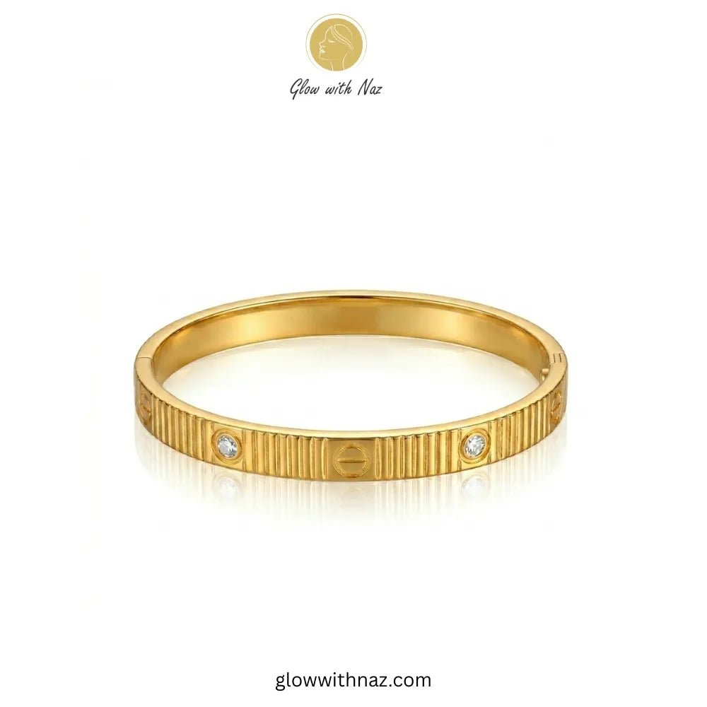 Bundle Offer: Textured Gold Hand Cuff Bracelet & Stainless Steel Hand Cuff Bracelet with Pave Accents - Bundle Offer: Textured Gold Hand Cuff Bracelet & Stainless Steel Hand Cuff Bracelet with Pave AccentsJewelryGlow With NazGlow With NazClose-up view of ribbed texture and stones on gold bangle