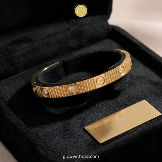 Bundle Offer: Textured Gold Hand Cuff Bracelet & Stainless Steel Hand Cuff Bracelet with Pave Accents - Bundle Offer: Textured Gold Hand Cuff Bracelet & Stainless Steel Hand Cuff Bracelet with Pave AccentsJewelryGlow With NazGlow With NazElegant textured gold bangle with stone accents by Glow with Naz