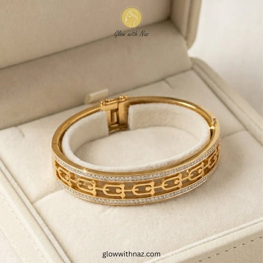 Bundle Offer: Textured Gold Hand Cuff Bracelet & Stainless Steel Hand Cuff Bracelet with Pave Accents - Bundle Offer: Textured Gold Hand Cuff Bracelet & Stainless Steel Hand Cuff Bracelet with Pave AccentsJewelryGlow With NazGlow With NazClose-up of geometric cut-out detail and sparkling stone borders