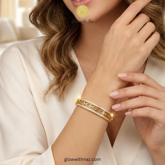 Bundle Offer: Textured Gold Hand Cuff Bracelet & Stainless Steel Hand Cuff Bracelet with Pave Accents - Bundle Offer: Textured Gold Hand Cuff Bracelet & Stainless Steel Hand Cuff Bracelet with Pave AccentsJewelryGlow With NazGlow With NazMinimalist cut-out gold bangle styled for an evening look