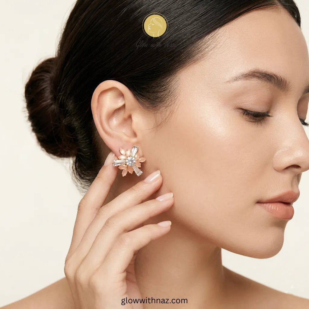 Celestial Sunburst Peach Stud Earrings for Women - Celestial Sunburst Peach Stud Earrings for WomenJewelryGlow with NazGlow With NazN-E001N-E001Celestial Peach Sunburst Studs glow with naz