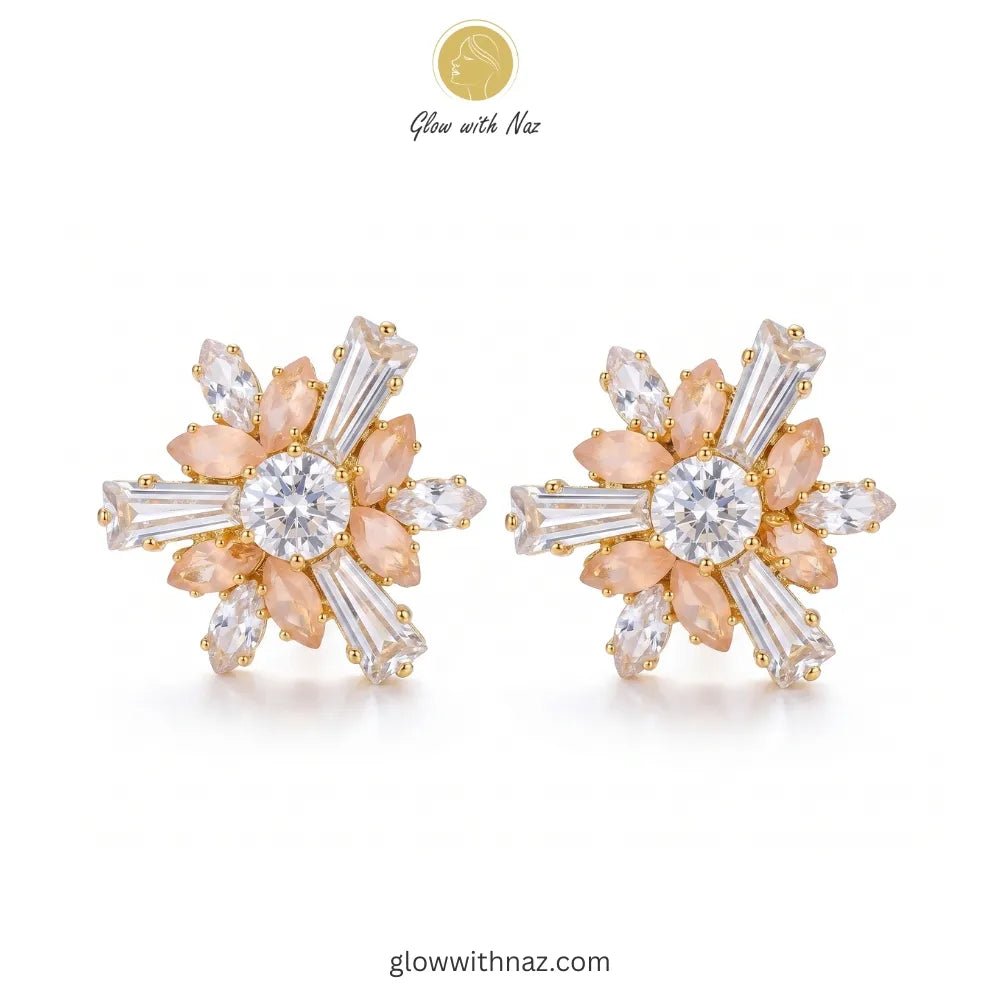 Celestial Sunburst Peach Stud Earrings for Women - Celestial Sunburst Peach Stud Earrings for WomenJewelryGlow with NazGlow With NazN-E001N-E001Celestial Peach Sunburst Studs