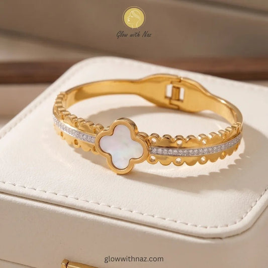 Elegant White Clover Motif Gold-Plated Stainless Steel Hand Cuff Bracelet - Elegant White Clover Motif Gold-Plated Stainless Steel Hand Cuff BraceletJewelryGlow With NazGlow With NazB0050B0050Close-up of clover motif center and pave stone band detail