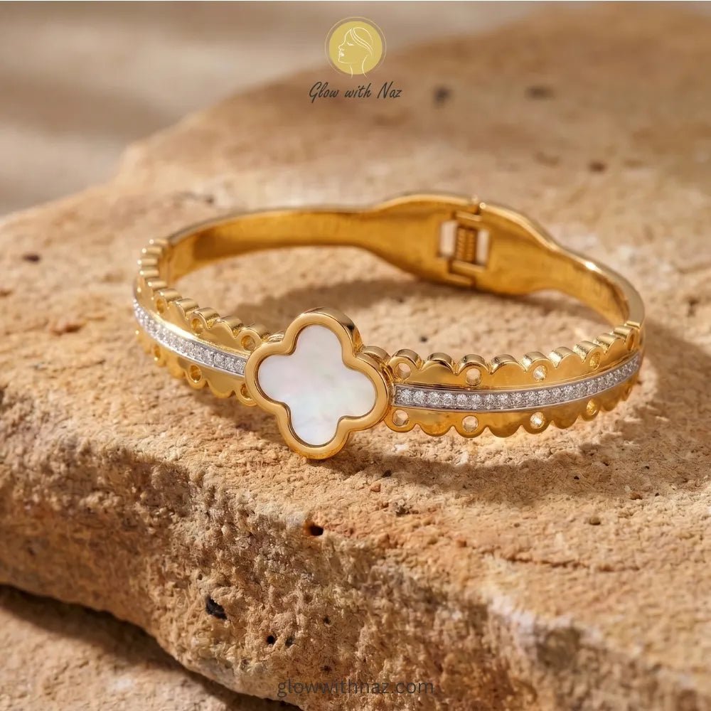 Elegant White Clover Motif Gold-Plated Stainless Steel Hand Cuff Bracelet - Elegant White Clover Motif Gold-Plated Stainless Steel Hand Cuff BraceletJewelryGlow With NazGlow With NazB0050B0050Minimalist clover motif gold bangle styled for everyday luxury