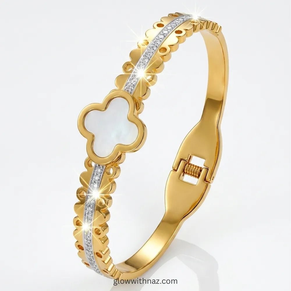 Elegant White Clover Motif Gold-Plated Stainless Steel Hand Cuff Bracelet - Elegant White Clover Motif Gold-Plated Stainless Steel Hand Cuff BraceletJewelryGlow With NazGlow With NazB0050B0050Clover motif gold bangle stacked with luxury wrist accessories