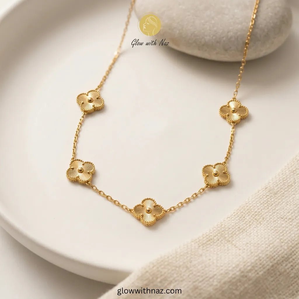 Four - Leaf Gold Jewellery Set – Necklace, Earrings, Ring & Bracelet - Four - Leaf Gold Jewellery Set – Necklace, Earrings, Ring & BraceletJewelryGlow with NazGlow With NazN-N002N-N002Four - Leaf Gold Jewellery Set – Necklace, Earrings, Ring & Bracelet necklace, pendant necklace, necklace set, locket set, simple necklace, pendant set, pendant, chain necklace, diamond pendant, diamond necklace, locket necklace, neck chain, girls locket, heart locket, pendant for girls, necklace for girls, heart necklace, loc