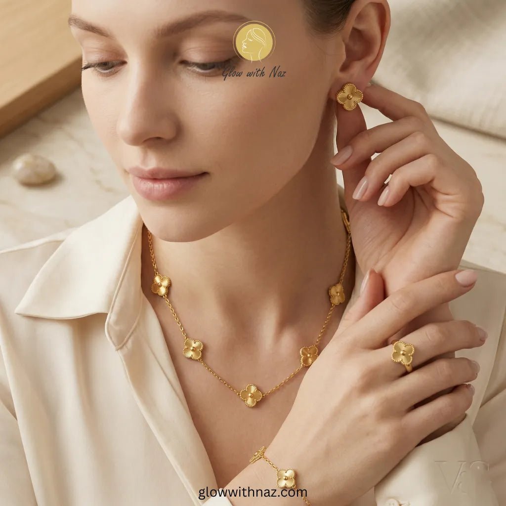 Four - Leaf Gold Jewellery Set – Necklace, Earrings, Ring & Bracelet - Four - Leaf Gold Jewellery Set – Necklace, Earrings, Ring & BraceletJewelryGlow with NazGlow With NazN-N002N-N002Four - Leaf Gold Jewellery Set – Necklace, Earrings, Ring & Bracelet necklace, pendant necklace, necklace set, locket set, simple necklace, pendant set, pendant, chain necklace, diamond pendant, diamond necklace, locket necklace, neck chain, girls locket, heart locket, pendant for girls, necklace for girls, heart necklace, loc