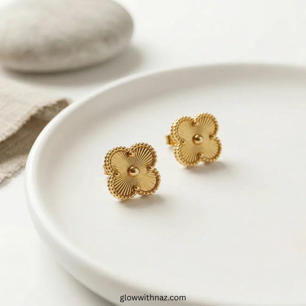 Four - Leaf Gold Jewellery Set – Necklace, Earrings, Ring & Bracelet - Four - Leaf Gold Jewellery Set – Necklace, Earrings, Ring & BraceletJewelryGlow with NazGlow With NazN-N002N-N002Four - Leaf Gold Jewellery Set – Necklace, Earrings, Ring & Bracelet necklace, pendant necklace, necklace set, locket set, simple necklace, pendant set, pendant, chain necklace, diamond pendant, diamond necklace, locket necklace, neck chain, girls locket, heart locket, pendant for girls, necklace for girls, heart necklace, loc