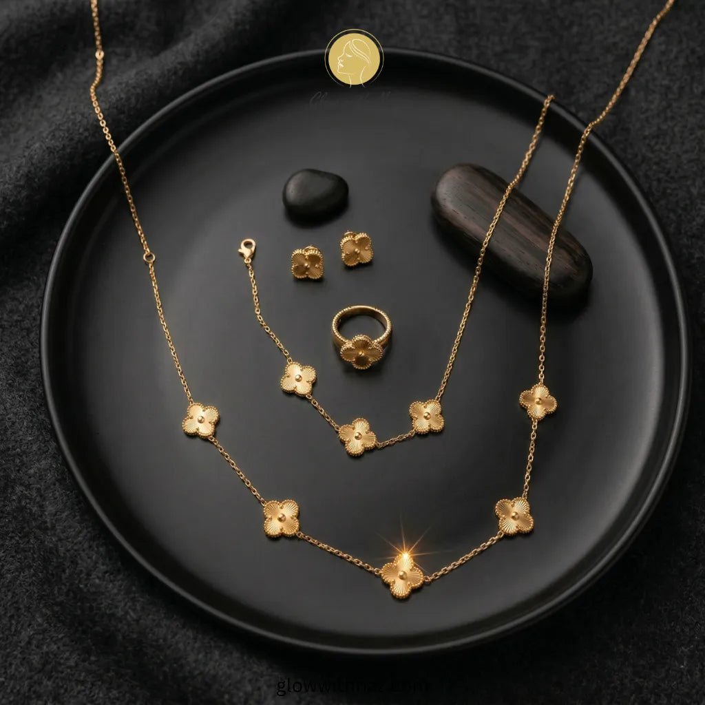 Four - Leaf Gold Jewellery Set – Necklace, Earrings, Ring & Bracelet - Four - Leaf Gold Jewellery Set – Necklace, Earrings, Ring & BraceletJewelryGlow with NazGlow With NazN-N002N-N002Four - Leaf Gold Jewellery Set – Necklace, Earrings, Ring & Bracelet necklace, pendant necklace, necklace set, locket set, simple necklace, pendant set, pendant, chain necklace, diamond pendant, diamond necklace, locket necklace, neck chain, girls locket, heart locket, pendant for girls, necklace for girls, heart necklace, loc