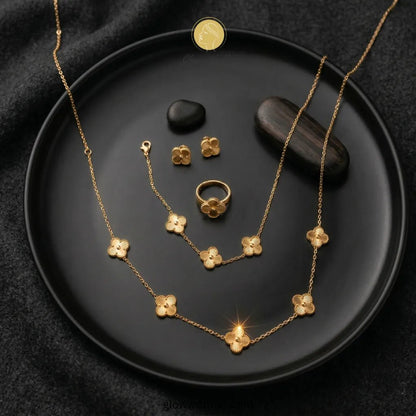 Four - Leaf Gold Jewellery Set – Necklace, Earrings, Ring & Bracelet - Four - Leaf Gold Jewellery Set – Necklace, Earrings, Ring & BraceletJewelryGlow with NazGlow With NazN-N002N-N002Four - Leaf Gold Jewellery Set – Necklace, Earrings, Ring & Bracelet necklace, pendant necklace, necklace set, locket set, simple necklace, pendant set, pendant, chain necklace, diamond pendant, diamond necklace, locket necklace, neck chain, girls locket, heart locket, pendant for girls, necklace for girls, heart necklace, loc
