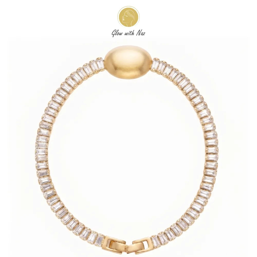 Close-up of a woman's hand wearing the aesthetic crystal oval golden bracelet by Glow With Naz hand cuff bracelet, girls bracelet, bracelet for girls, simple bracelet, chain bracelet, bracelet chain, bracelet watch, hand bracelet, black jewellery, bracelet, ring bracelet, aesthetic bracelet, bracelet for women, bracelet set, cartier bracelet, cute bracelet, jewellery bracelet, bracelets, golden bracelet, clover bracelet, infinity bracelet, bangels, handcuffs bracelet, bracelet design, bracelet designs, brac