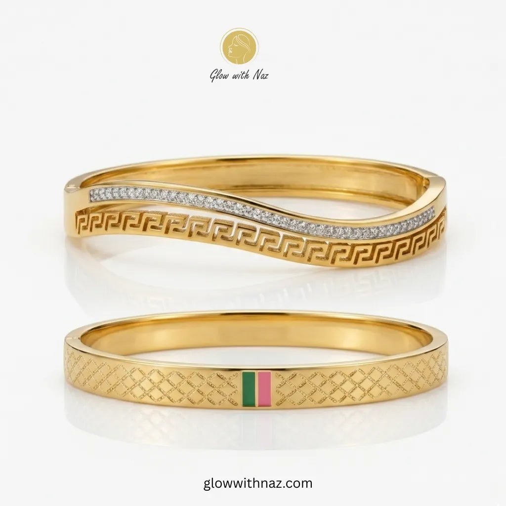 Gold Designer Bangles Deal Offer - Gold Designer Bangles Deal OfferJewelryGlow With NazGlow With Naz100013100013Gold Greek Key Crystal & Diamond Pattern Enamel Bangle Deal Offer in Pakistan – Anti - Tarnish Stainless Steel Combo | Glow with Naz