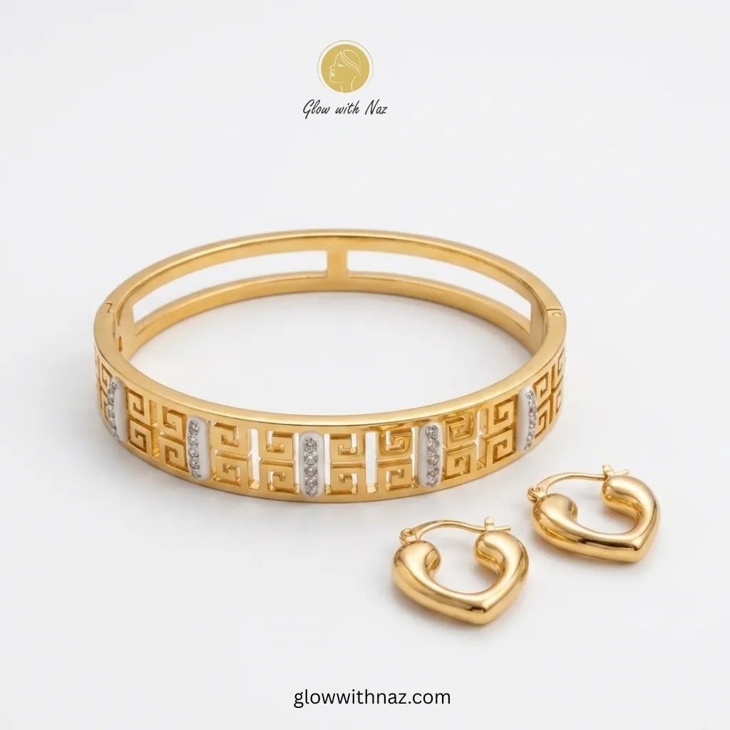 Gold Greek Key Bangle & Heart Earrings Deal - Gold Greek Key Bangle & Heart Earrings DealJewelryGlow With NazGlow With Naz100014100014Gold Greek Key Crystal Bangle & Heart Hoop Earrings Deal Offer in Pakistan – Anti - Tarnish Stainless Steel Combo | Glow with Naz