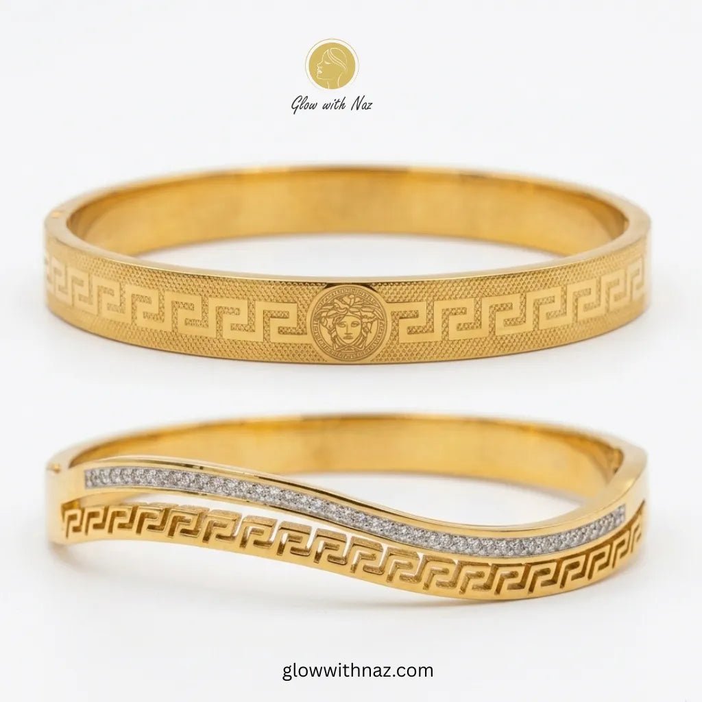 Gold Medusa & Crystal Wave Bangles Deal - Gold Medusa & Crystal Wave Bangles DealJewelryGlow With NazGlow With Naz100018100018Gold Medusa Greek Key Bangle & Crystal Wave Bangle Deal Offer in Pakistan – Anti - Tarnish Stainless Steel Combo | Glow with Naz