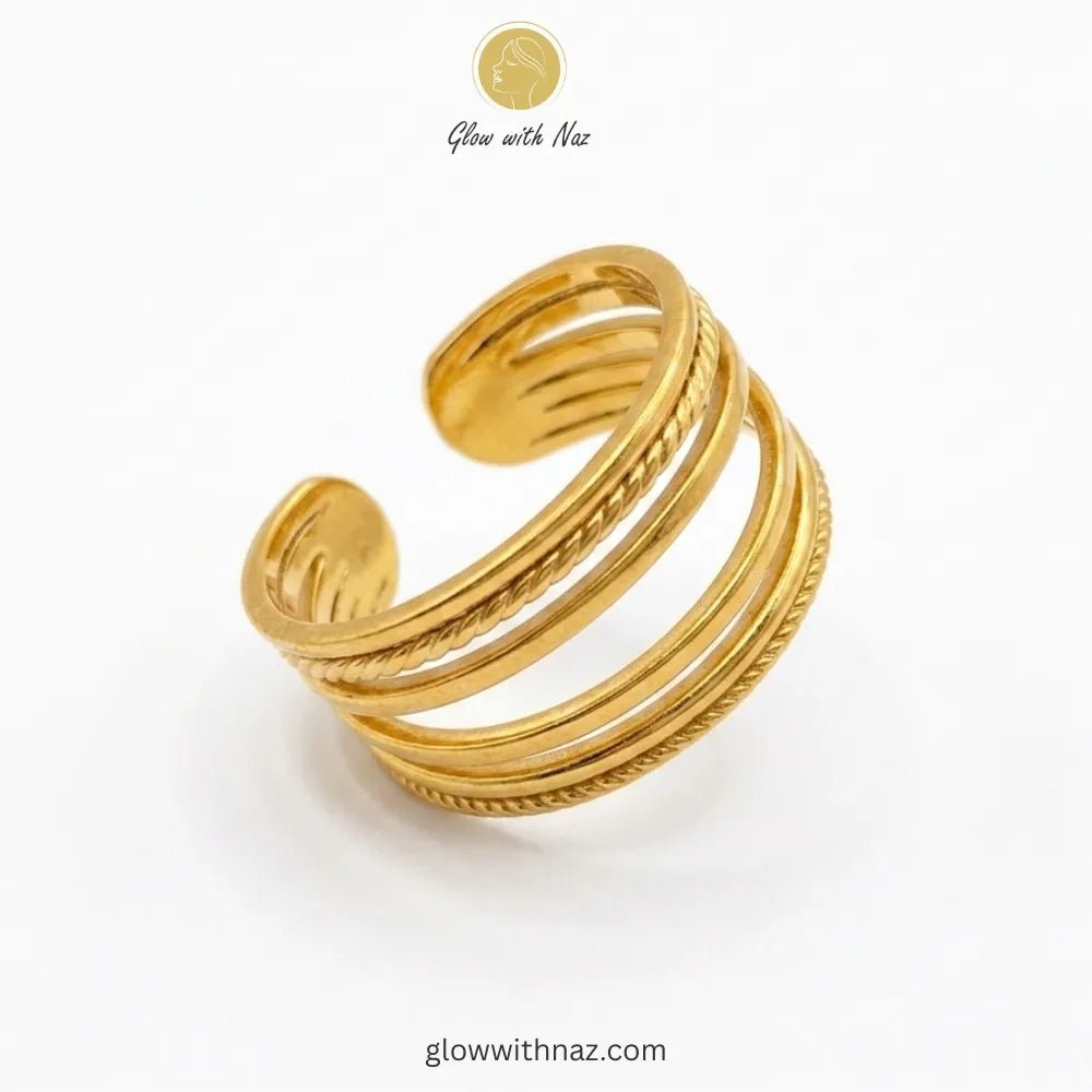 Gold Multi-Layer Stainless Steel Stacked Simple Ring for Girls - Gold Multi-Layer Stainless Steel Stacked Simple Ring for GirlsJewelryGlow With NazGlow With NazR0016R0016View of an adjustable gold multi-layer band ring, showcasing its modern, stacked silhouette. ring, girls rings, rings for girls, rings simple, simple rings, stainless steel jewelry, jewellery set, aesthetic jewelry, simple jewellery, chain, jewelry, artificial jewellery, green jewellery, girls jewellery, rings for women, black r