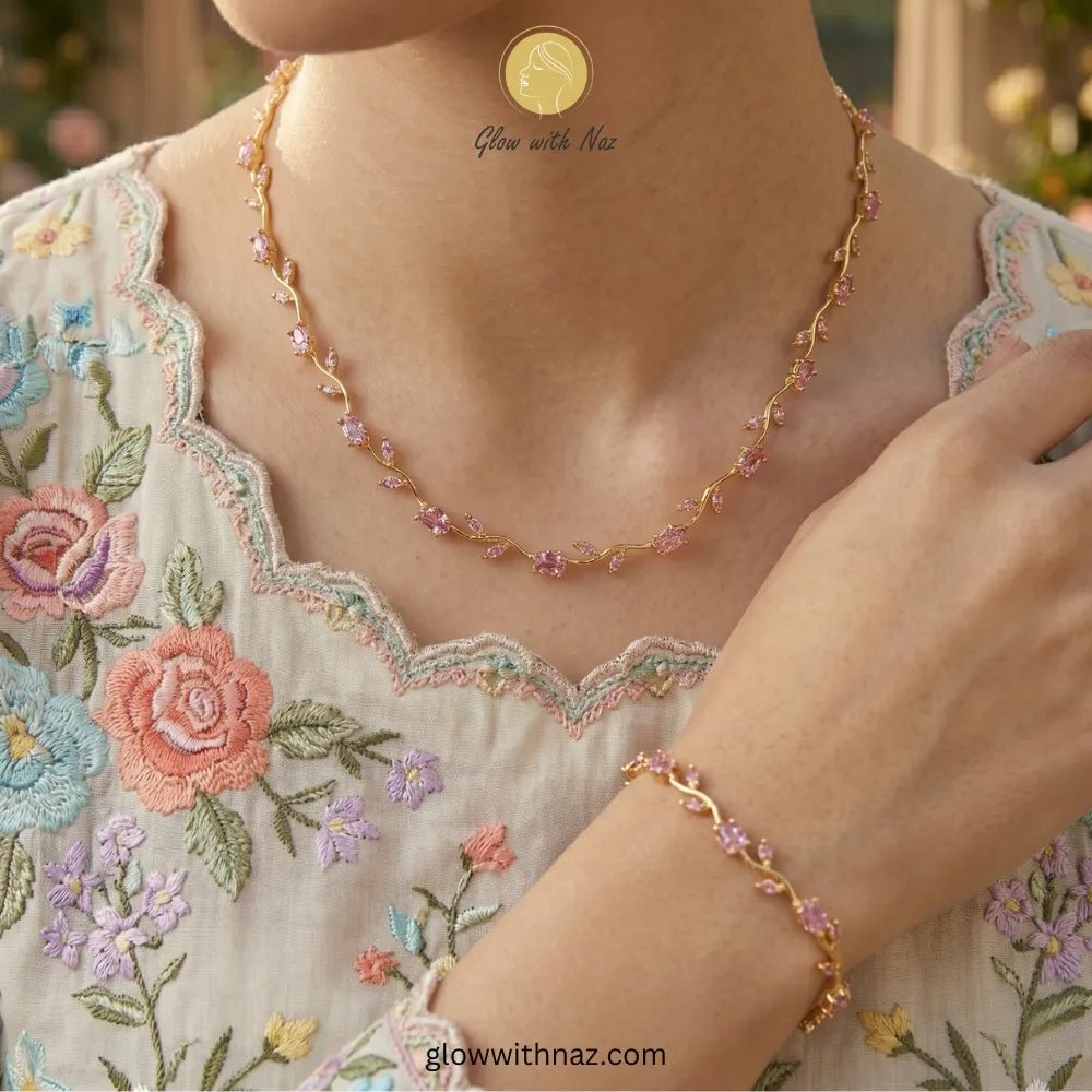 Gold Plated Stainless Steel Pink Tulip Necklace For Women - Gold Plated Stainless Steel Pink Tulip Necklace For WomenJewelryGlow With NazGlow With NazN0050N0050pink tulip necklace Complete floral vine pink stone necklace and bracelet set - Glow with Naz Pink tulip Necklace with pink stones on a white plate, brand 'Glow with Naz' visible