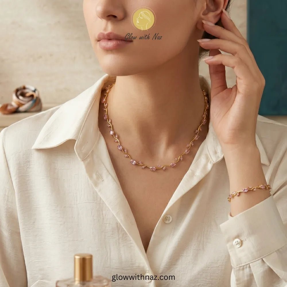Gold Plated Stainless Steel Pink Tulip Necklace For Women - Gold Plated Stainless Steel Pink Tulip Necklace For WomenJewelryGlow With NazGlow With NazN0050N0050Floral vine jewelry set styled for a feminine look - Glow with Naz 0Jewelry Pink tulip Necklace with pink stones on a white plate, brand 'Glow with Naz' visible