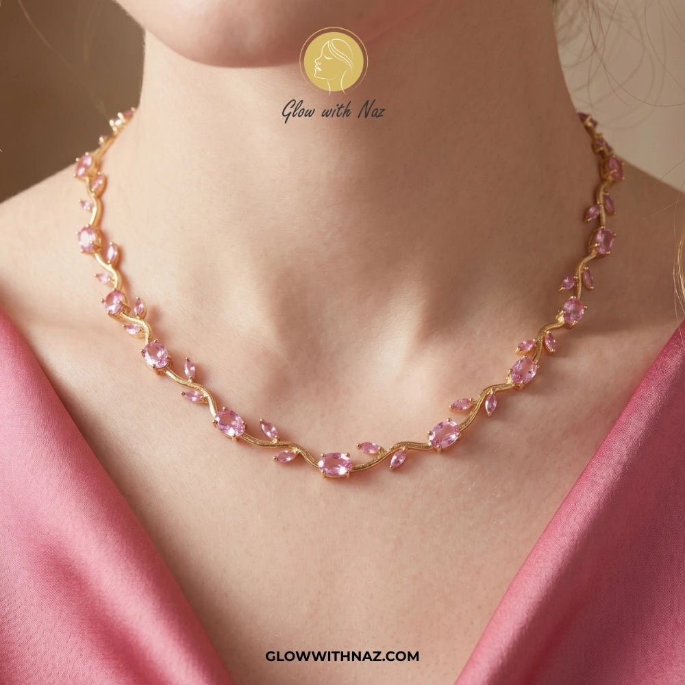 Gold Plated Stainless Steel Pink Tulip Necklace For Women - Gold Plated Stainless Steel Pink Tulip Necklace For WomenJewelryGlow With NazGlow With NazN0050N0050Pink tulip necklac beaded necklace on a person with 'Glow with Naz' branding. 