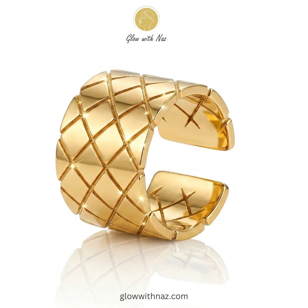 Gold Quilted Diamond Pattern Wide Cuff Adjustable Ring for Girls - Gold Quilted Diamond Pattern Wide Cuff Adjustable Ring for GirlsJewelryGlow With NazGlow With NazR011R011Gold Quilted Diamond Pattern Wide Cuff Adjustable Free Size Ring Online Pakistan | Glow with Naz, ring, girls rings, rings for girls, rings simple, simple rings, stainless steel jewelry, jewellery set, aesthetic jewelry, simple jewellery, chain, jewelry, artificial jewellery, green jewellery, girls jewellery, rings for women, 