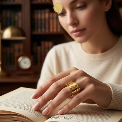 Gold Quilted Diamond Pattern Wide Cuff Adjustable Ring for Girls - Gold Quilted Diamond Pattern Wide Cuff Adjustable Ring for GirlsJewelryGlow With NazGlow With NazR011R011Adjustable Gold Quilted Cuff Ring – Stainless Steel ring, ring, girls rings, rings for girls, rings simple, simple rings, stainless steel jewelry, jewellery set, aesthetic jewelry, simple jewellery, chain, jewelry, artificial jewellery, green jewellery, girls jewellery, rings for women, black ring, flower jewellery, chain for 