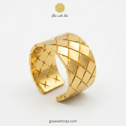 Gold Quilted Diamond Pattern Wide Cuff Adjustable Ring for Girls - Gold Quilted Diamond Pattern Wide Cuff Adjustable Ring for GirlsJewelryGlow With NazGlow With NazR011R011A wide-band gold ring featuring a textured quilted diamond pattern with an adjustable cuff design. ring, girls rings, rings for girls, rings simple, simple rings, stainless steel jewelry, jewellery set, aesthetic jewelry, simple jewellery, chain, jewelry, artificial jewellery, green jewellery, girls jewellery, rings for women,