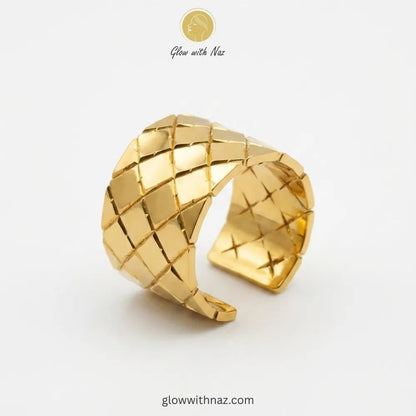 Gold Quilted Diamond Pattern Wide Cuff Adjustable Ring for Girls - Gold Quilted Diamond Pattern Wide Cuff Adjustable Ring for GirlsJewelryGlow With NazGlow With NazR011R011Adjustable Gold Quilted Cuff Ring – Stainless Steel, ring, girls rings, rings for girls, rings simple, simple rings, stainless steel jewelry, jewellery set, aesthetic jewelry, simple jewellery, chain, jewelry, artificial jewellery, green jewellery, girls jewellery, rings for women, black ring, flower jewellery, chain for girls