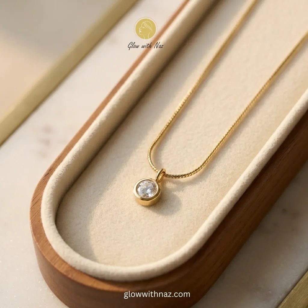 Gold Solitaire Diamond Style Necklace - Gold Solitaire Diamond Style NecklaceJewelryGlow With NazGlow With NazN-N035N-N035Gold solitaire diamond style round zircon bezel pendant on snake chain necklace in wooden velvet - lined display tray anti - tarnish stainless steel by Glow with Naz