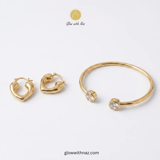 Heart Hoop Earrings & Cuff Bracelet Deal - Heart Hoop Earrings & Cuff Bracelet DealJewelryGlow With NazGlow With Naz100011100011gold - heart - hoop - earrings - zircon - cuff - bracelet - deal - offer - pakistan - glow - with - naz