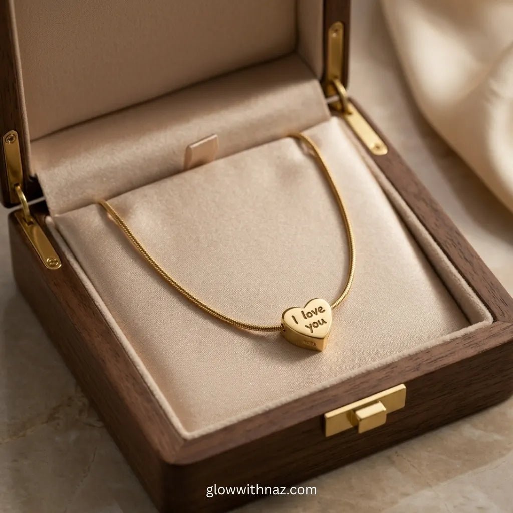 I Love You Gold Heart Pendant Necklace - I Love You Gold Heart Pendant NecklaceJewelryGlow With NazGlow With NazN-N033N-N033Gold - tone "I Love You" engraved heart pendant on snake chain necklace in premium wooden jewelry box — anti - tarnish stainless steel by Glow with Naz necklace, pendant necklace, necklace set, locket set, simple necklace, pendant set, pendant, chain necklace, diamond pendant, diamond necklace, locket necklace, neck chain, girls locket, heart locket, pendant for girls, necklace for gir
