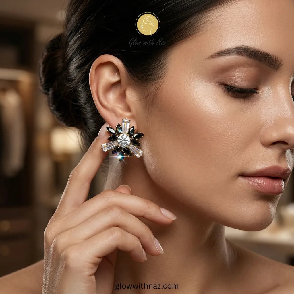 Midnight Onyx Starburst Studs Earrings for Women - Midnight Onyx Starburst Studs Earrings for WomenJewelryGlow with NazGlow With NazN-E004N-E004Midnight Onyx Starburst Studs Earrings