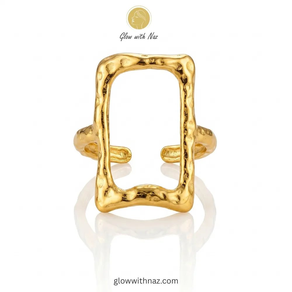 Premium Stainless Steel Hammered Rectangle Frame Ring for Girls - Premium Stainless Steel Hammered Rectangle Frame Ring for GirlsJewelryGlow With NazGlow With NazR0014R0014Gold hammered open rectangle frame adjustable free size ring in 18K gold plated stainless steel, artisan inspired anti-tarnish ring available online in Pakistan by Glow with Nazring, girls rings, rings for girls, rings simple, simple rings, stainless steel jewelry, jewellery set, aesthetic jewelry, simple jewellery, chain, jew