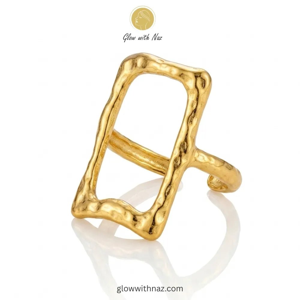 Premium Stainless Steel Hammered Rectangle Frame Ring for Girls - Premium Stainless Steel Hammered Rectangle Frame Ring for GirlsJewelryGlow With NazGlow With NazR0014R0014An elegant gold stainless steel ring featuring an open rectangle frame with a unique hammered texture. ring, girls rings, rings for girls, rings simple, simple rings, stainless steel jewelry, jewellery set, aesthetic jewelry, simple jewellery, chain, jewelry, artificial jewellery, green jewellery, girls jewellery, rings for wo